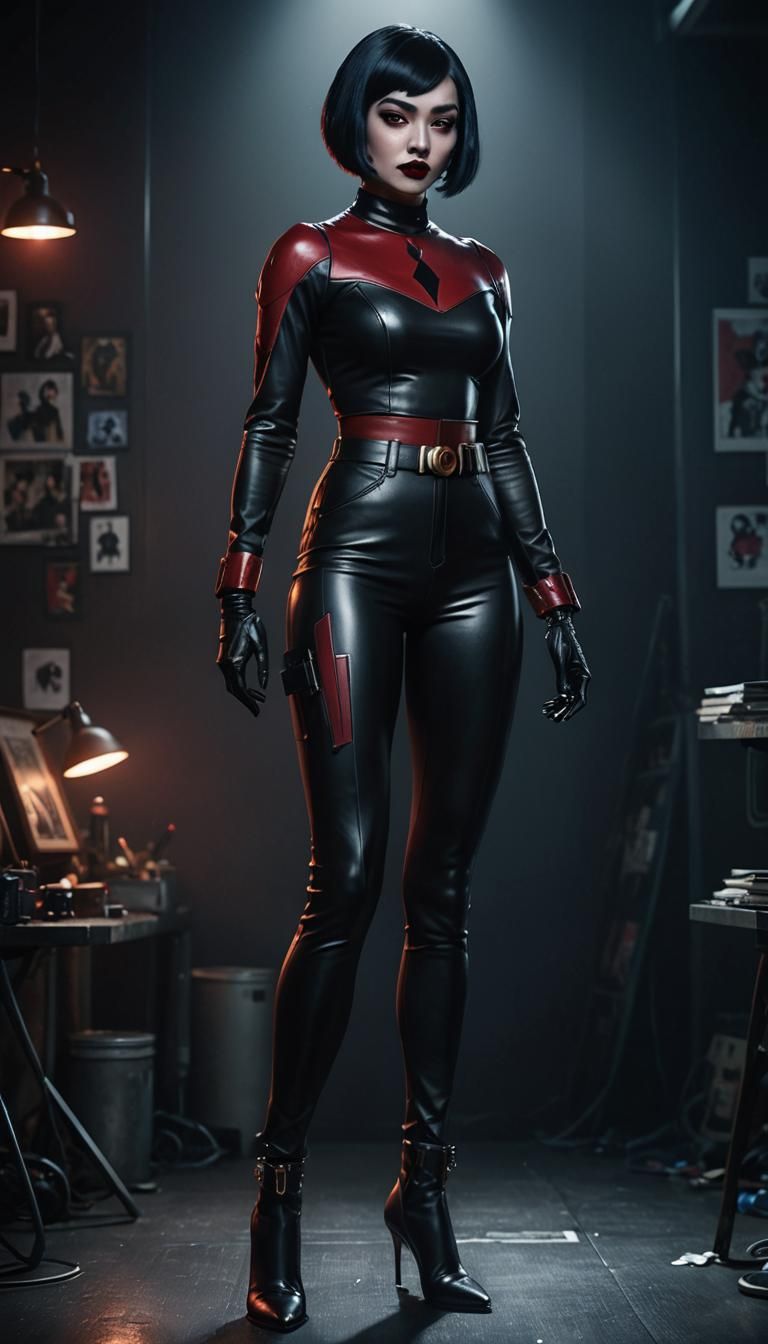 Realistic portrait of a Harley Quinn woman, full body back v...