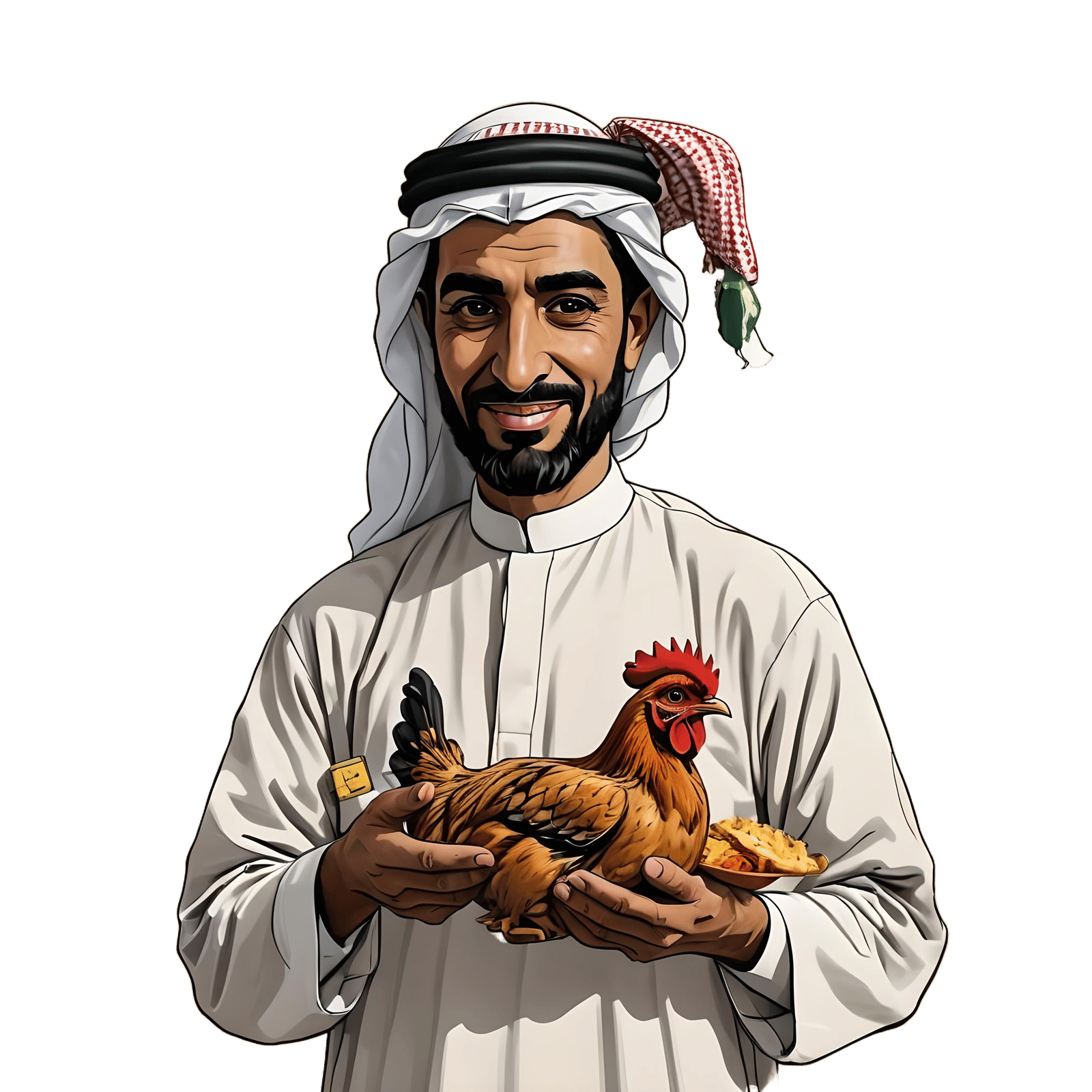 Cartoon drawing of an Arab man holding a chicken