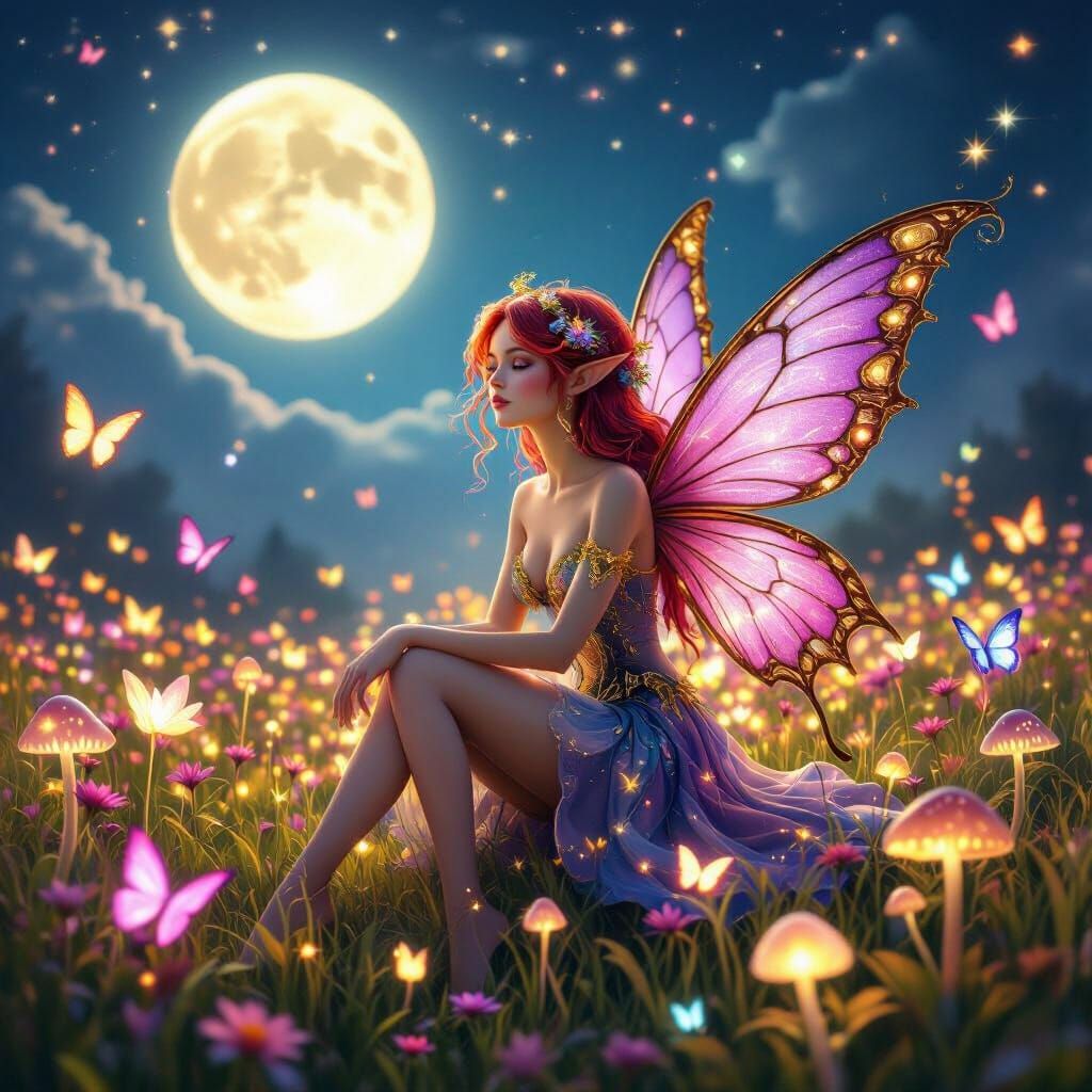 Beautiful  fairy has a see through body like glass. The fairy has gold trimmed purple wings.her has is auburn we with as hocks of pink. 
The...