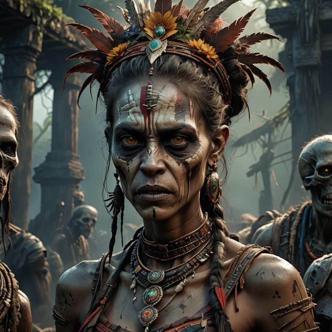 a brazilian tribal princess, beautiful yet undead, emaciated , portrait ...