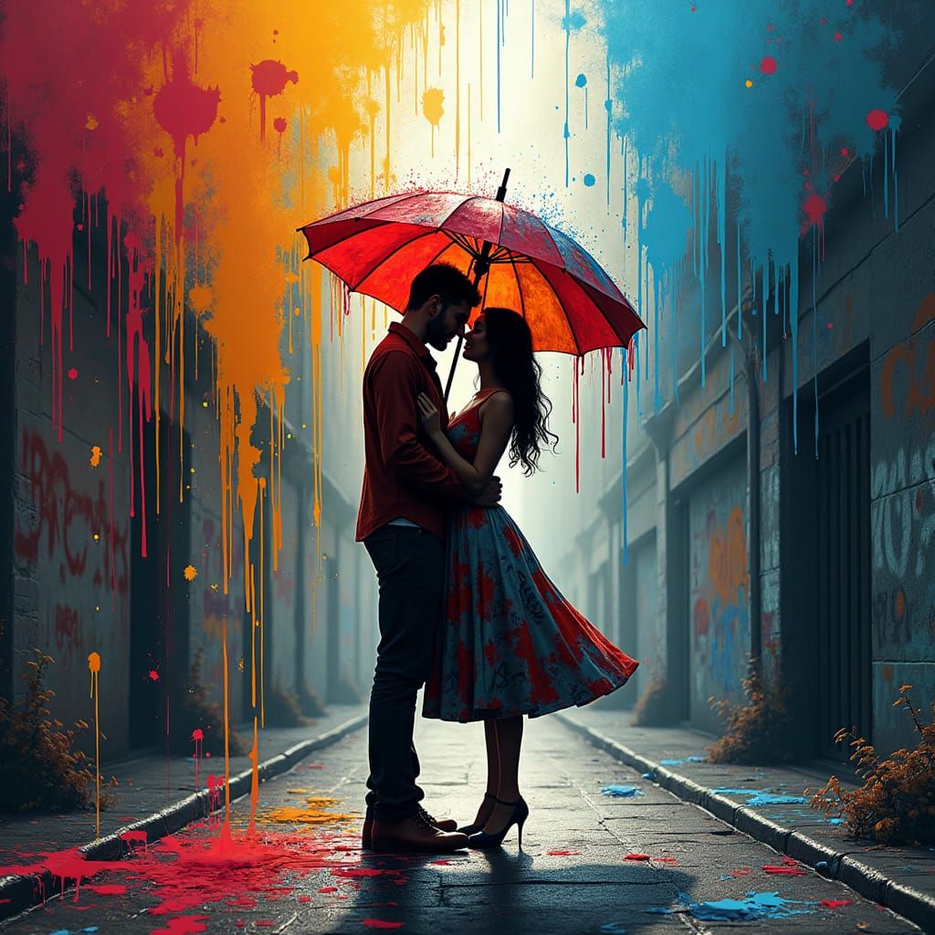Banksy art style, a couple standing under an umbrella, raining multi coloured paint, street art, spray paint, oil gouache melting, acrylic,...