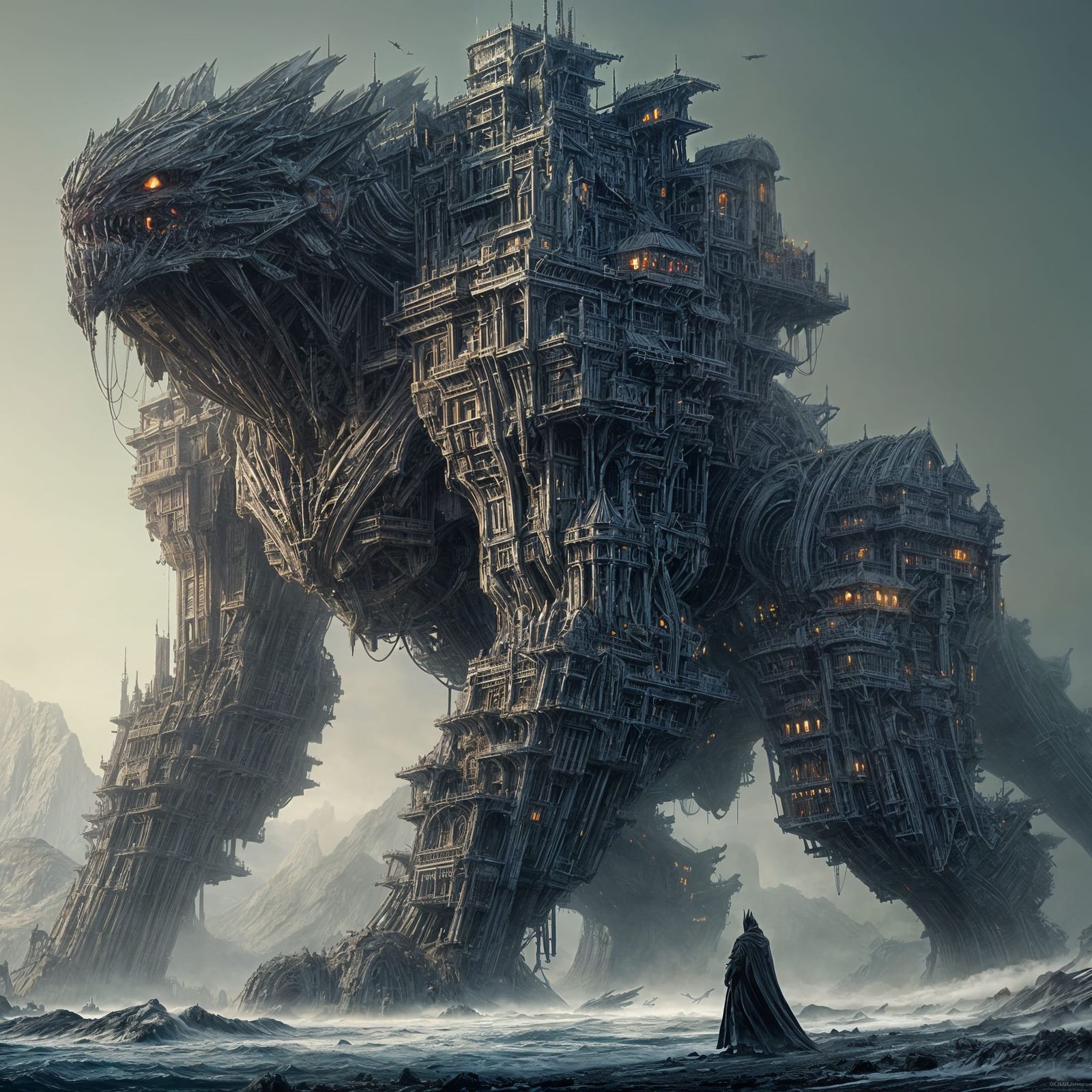 Creature with buildings integrated into its back