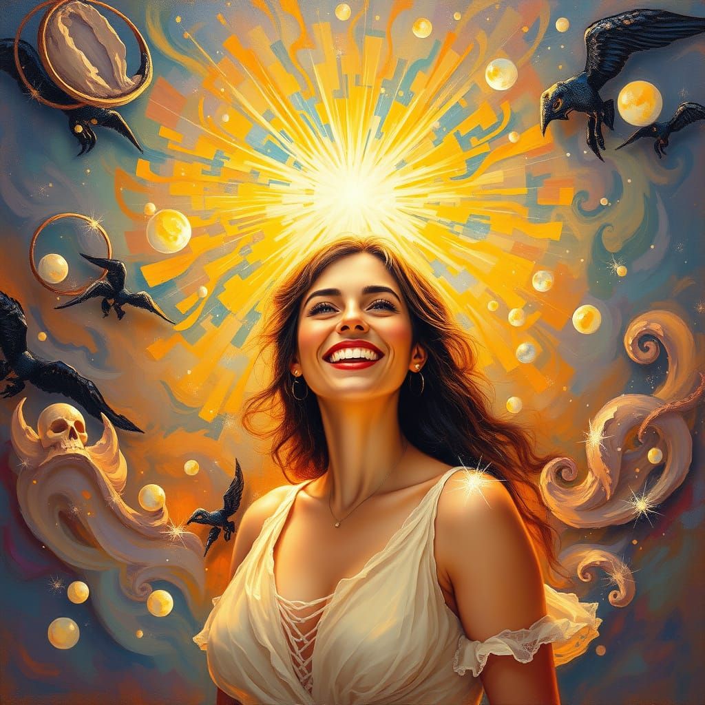 Optimistic Woman in Ethereal Dreamscape Oil Painting