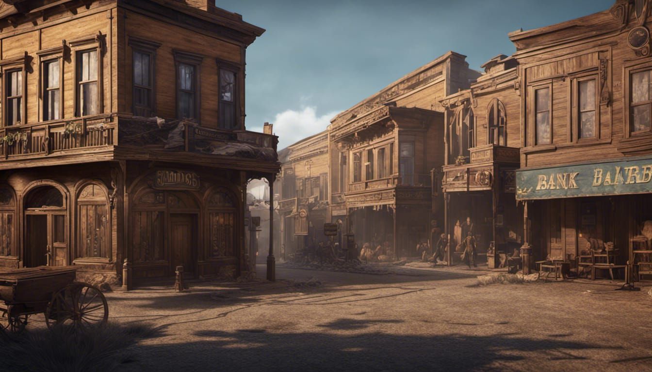 Busy Western town street, saloon with bank across street. - AI ...