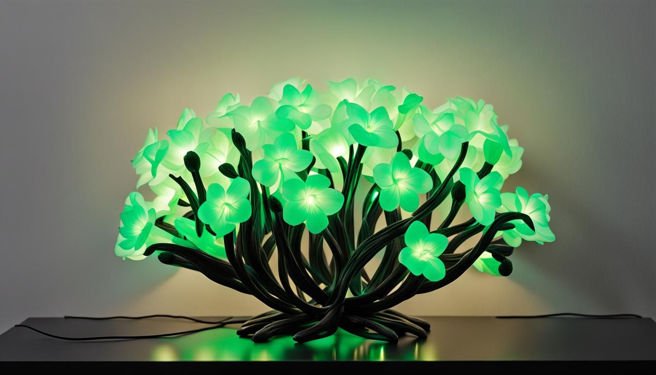 A flower-shaped lamp with translucent, neon-green petals tha...