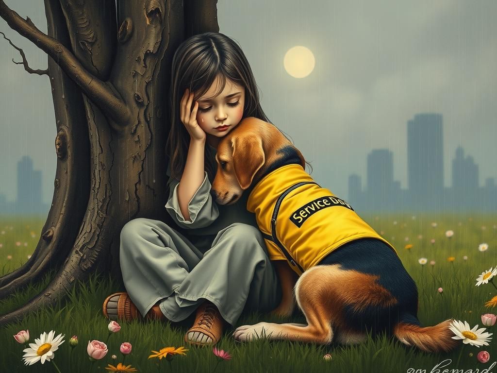 sad and crying girl sitting on the grass leaning back against a tree, clinging to a dog wearing a yellow ...  by @Kindly Offer