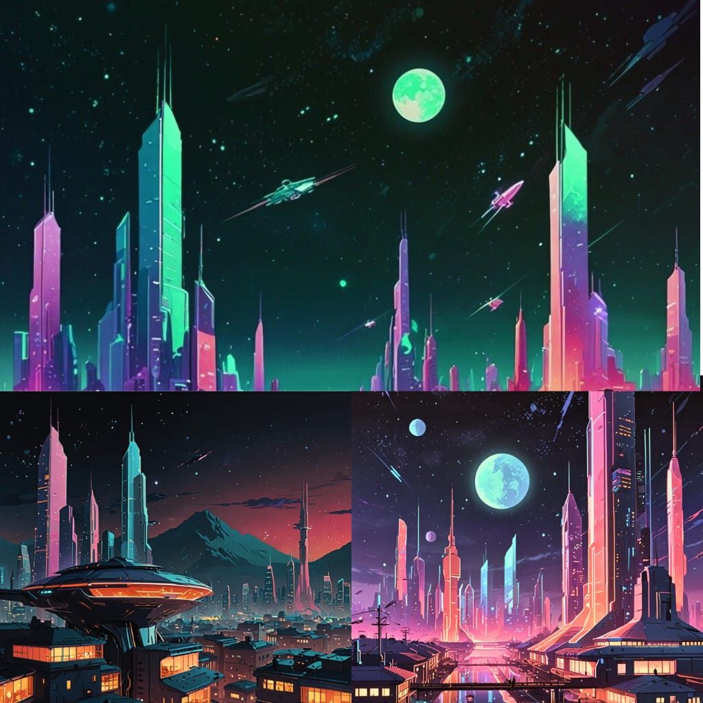 "futuristic town, flying vehicles, nightsky, lo-fi ambience"