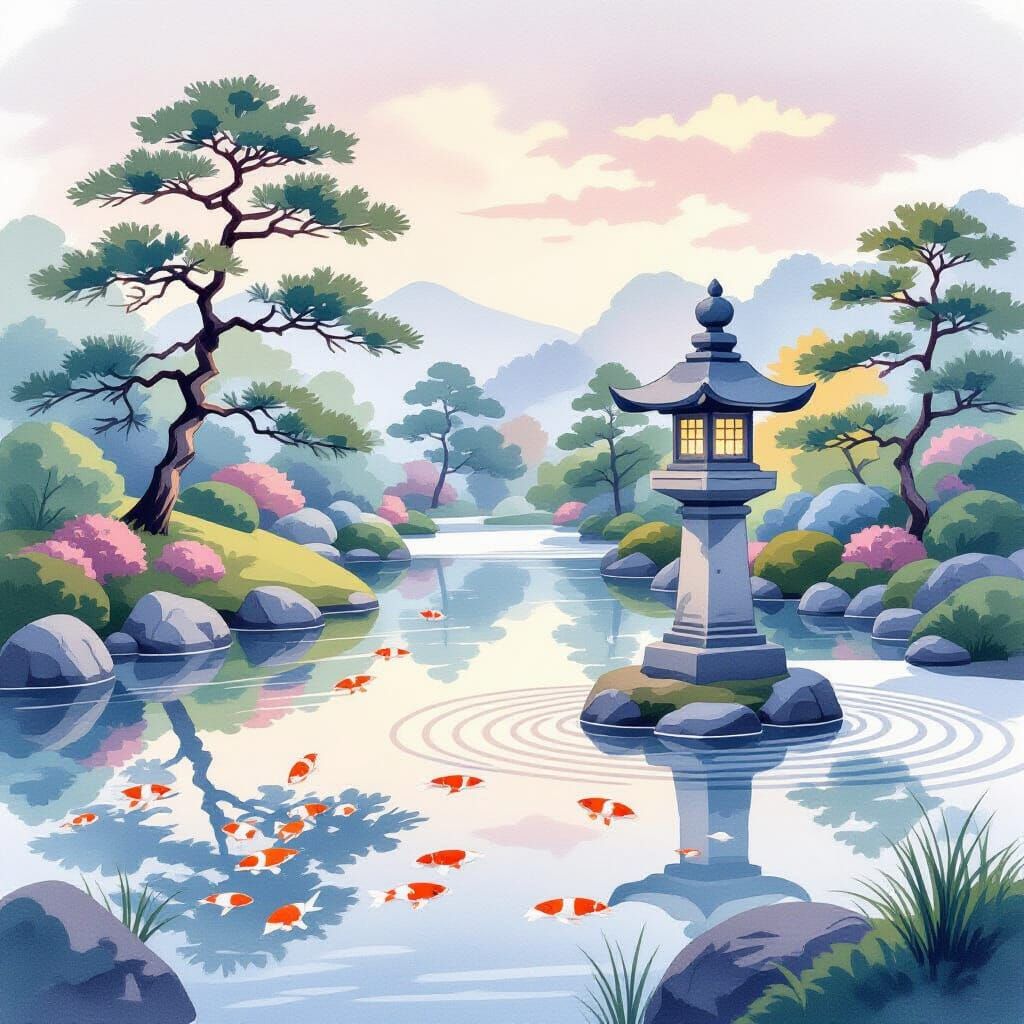 Peaceful Japanese Garden with Koi Pond and Stone Lantern