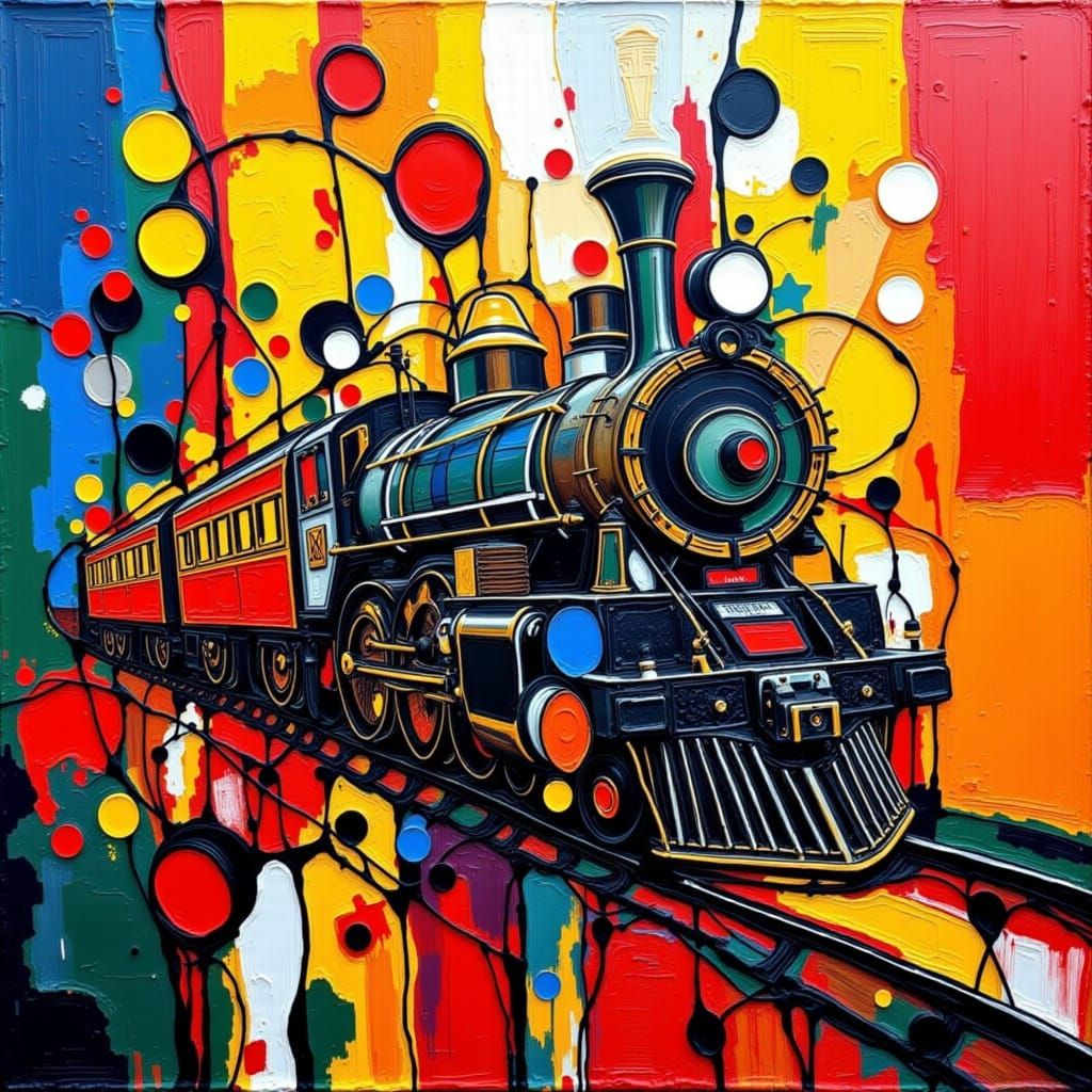<lora:GazVibrantAbstract:1.0> A steam train in the form of vibrantabstract