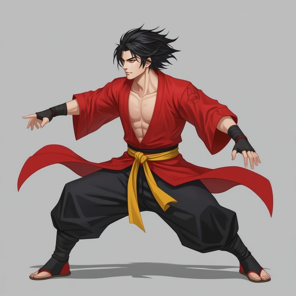 This is a digital illustration of a male warrior , depicted in a dynamic, semi-realistic anime style. The character has pale skin and dark, ...