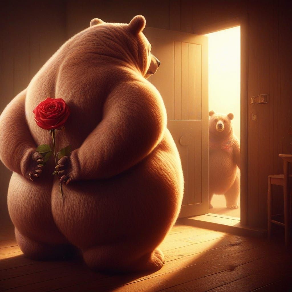 An obese Bear with his back to the camera, facing the door, paws behind him, clutching a bright red rose; another Bear standing at the door ...