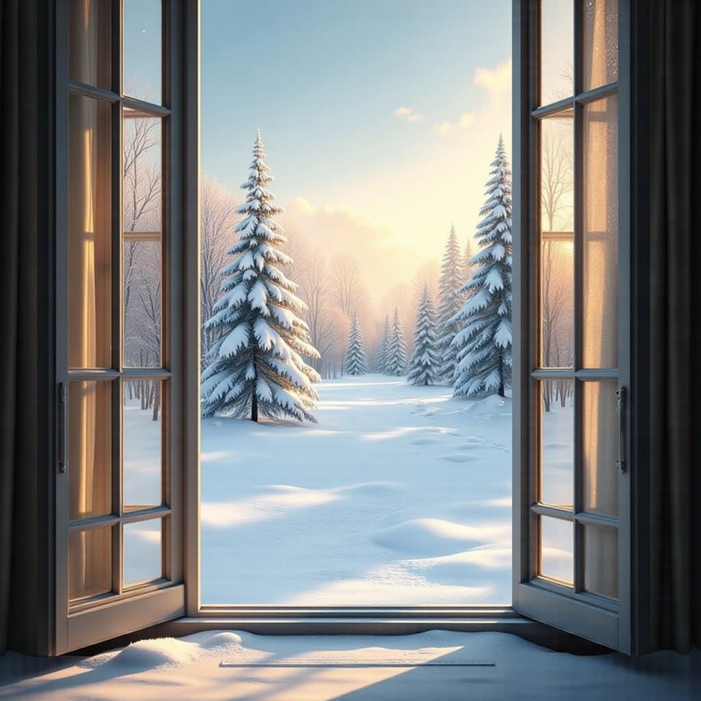 Serene Winter Landscape Through Window at Golden Hour