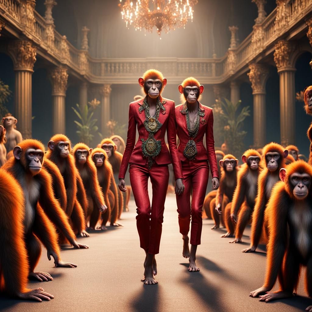 monkeys as Fashion show models on runway, 8k, ultrasharp