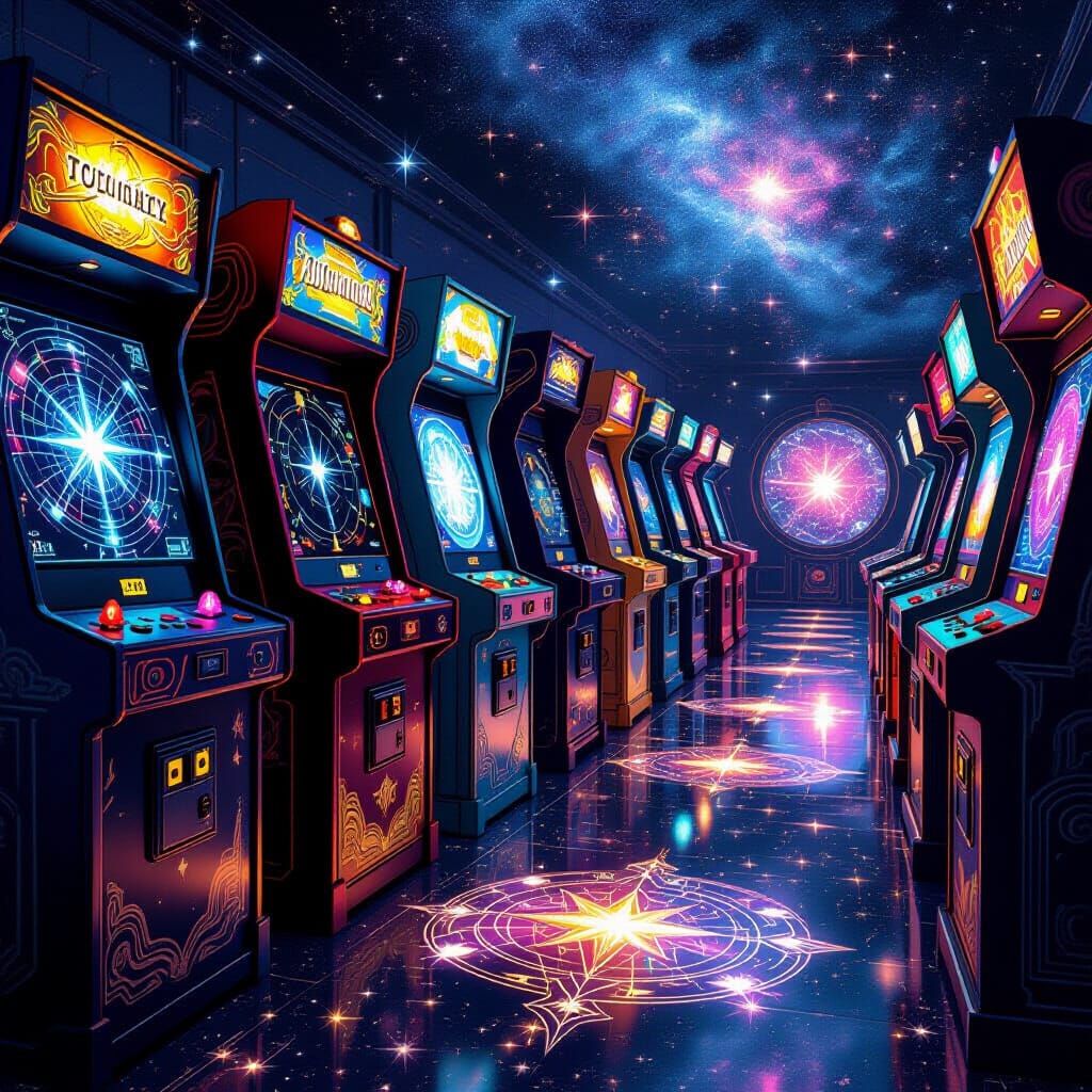 A row of vintage arcade machines are reimagined as ancient, mystical totems, each powered by glowing, ...  by @Bushra