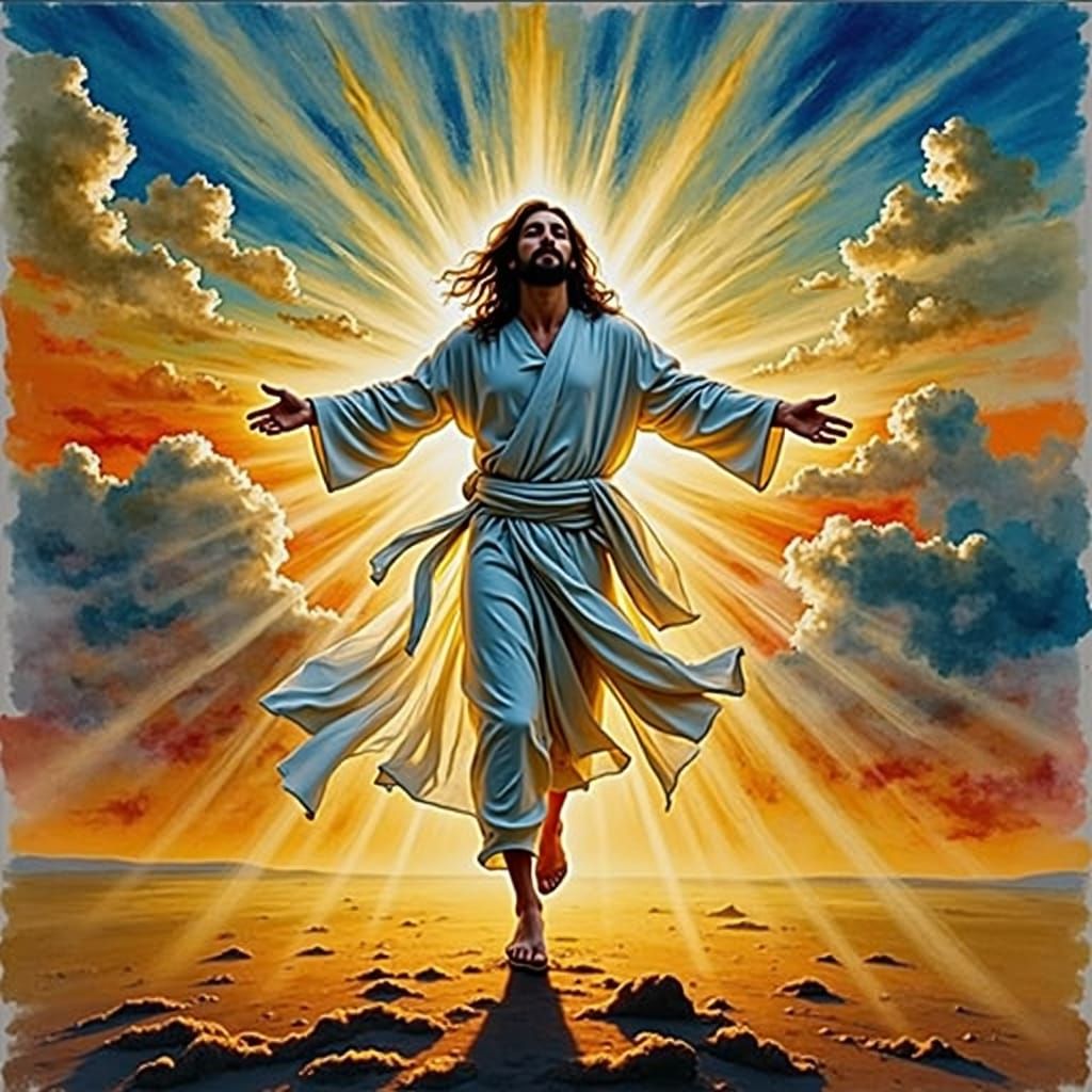 Jesus dancing walking on clouds lit by sun rays and robed in sunbeams at sunrise : Beautiful surreal watercolor ink smoke ink splash art:  B...