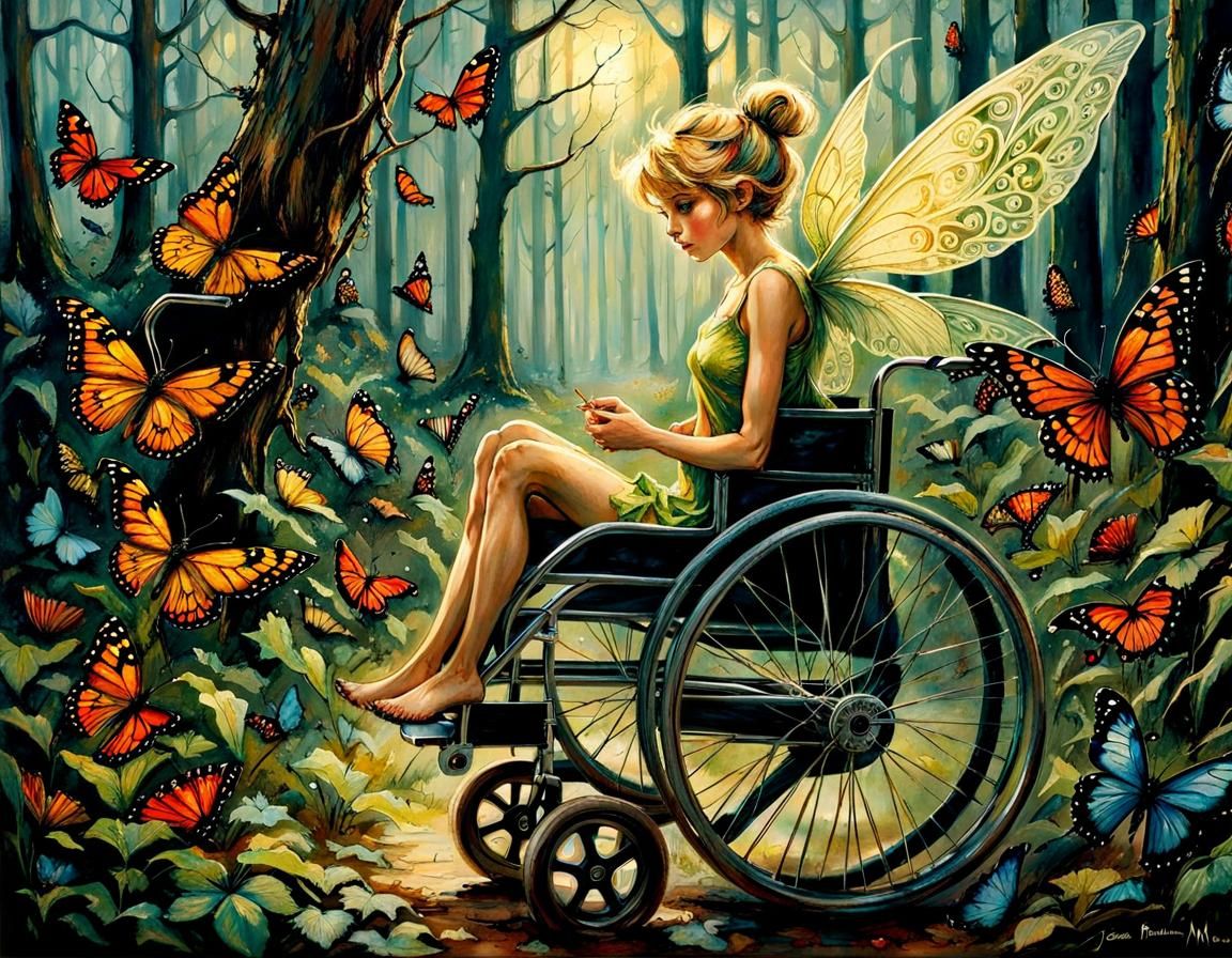 tinker bell fairy with one wing on wheelchair in forest full of butterflies,, dark fantasy, intricate details, hyper detailed, Jean Baptiste...