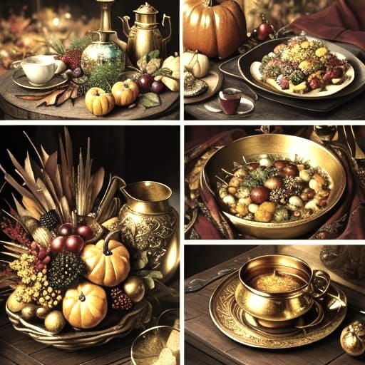 weird cornucopia pouring out a bountiful fall harvest, surrealistic, magical realism 