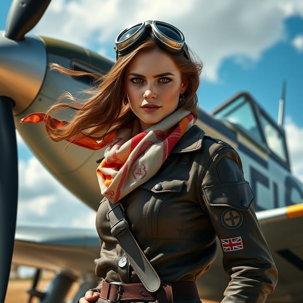 a female World War II pilot standing confidently beside a Spitfire fighter plane, embodying strength and determination. She is dressed in a...