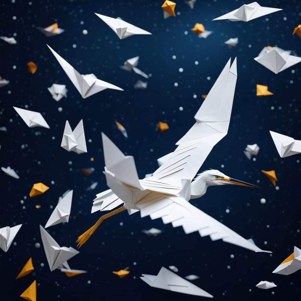 Snowy egret flying through space