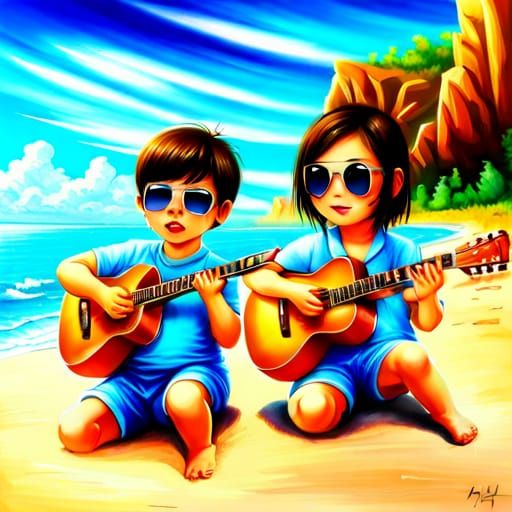 Cute Ghost Cubs Playing Guitars on the Beach