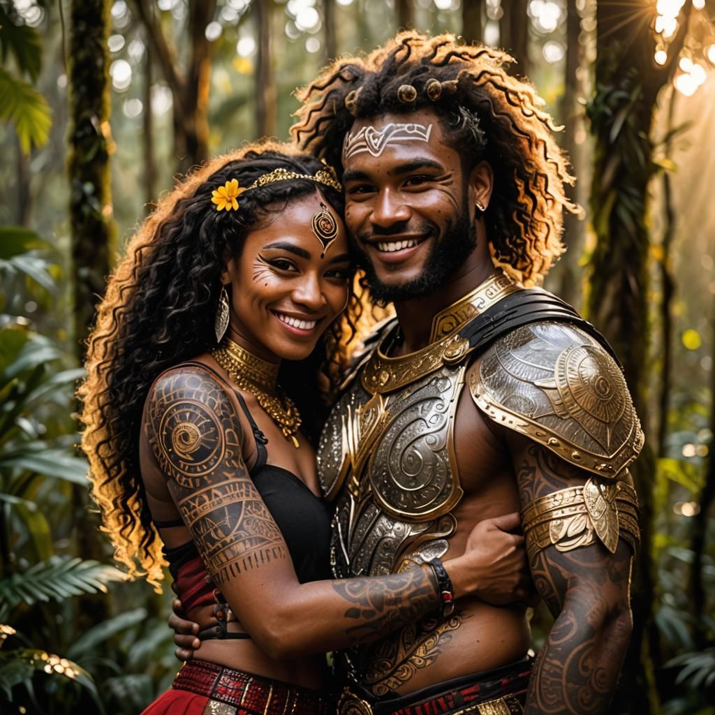 Fit Papua New Guinean warrior girl with Boyfriend, smiling a...