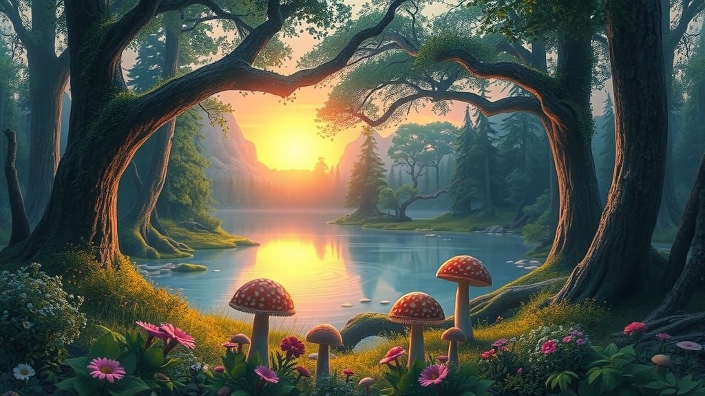 An ethereal forest clearing where ancient trees stand sentinel around a shimmering lake. mushrooms and flowers a plenty, illuminating light ...