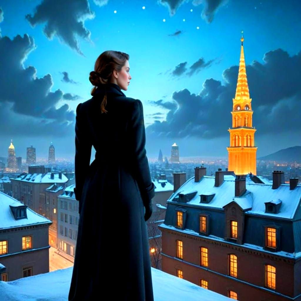 Lady in Elegant Attire Admires Luminous Winter Cityscape