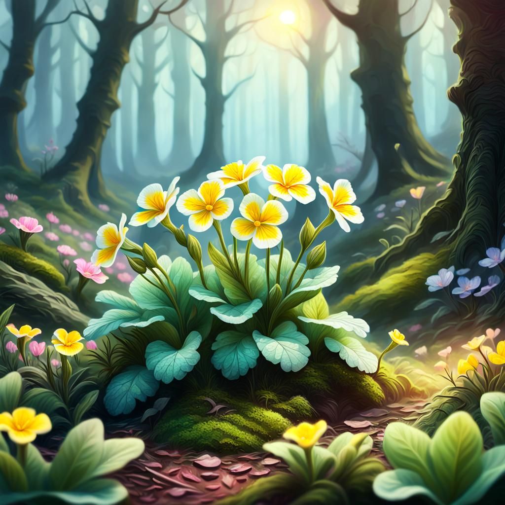 Primrose in Mystical Forest: Art Nouveau Oil Painting