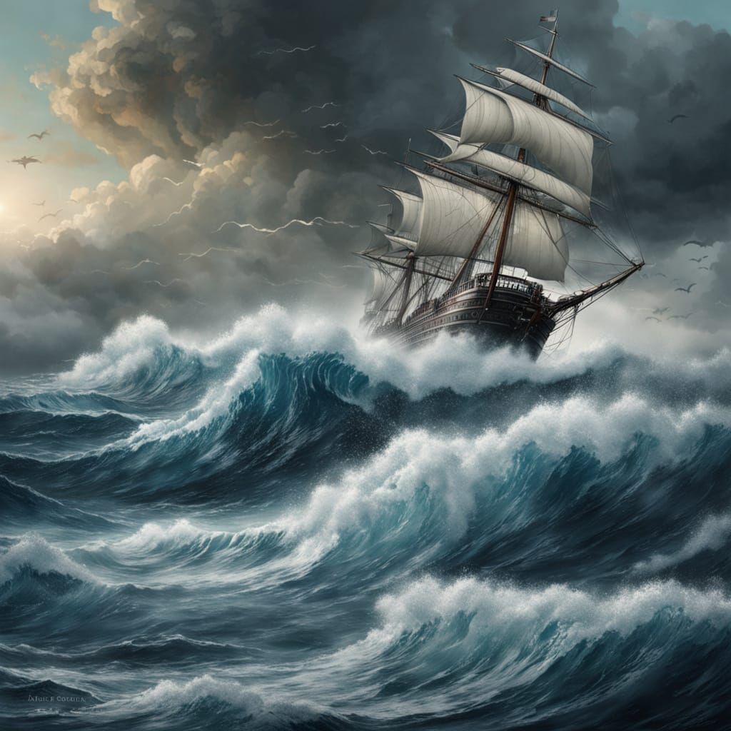 Gothic Ship Battles Stormy Seas in Glass Cup