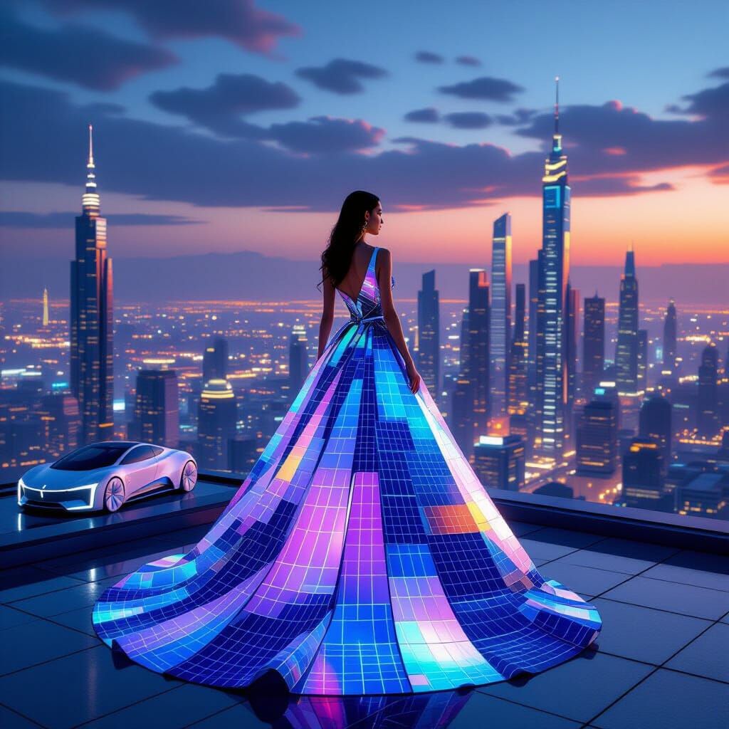 An elegant woman in a flowing, avant-garde gown made of iridescent solar panels, standing on a rooftop overlooking a sprawling, hyperrealist...