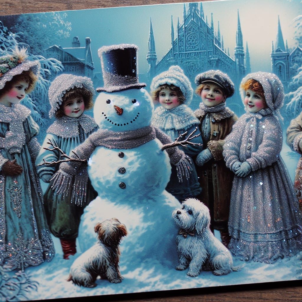 A shiny silver and blue postcard with a beautiful winter scene featuring a snowman and kids wearing ...  by @Jerri