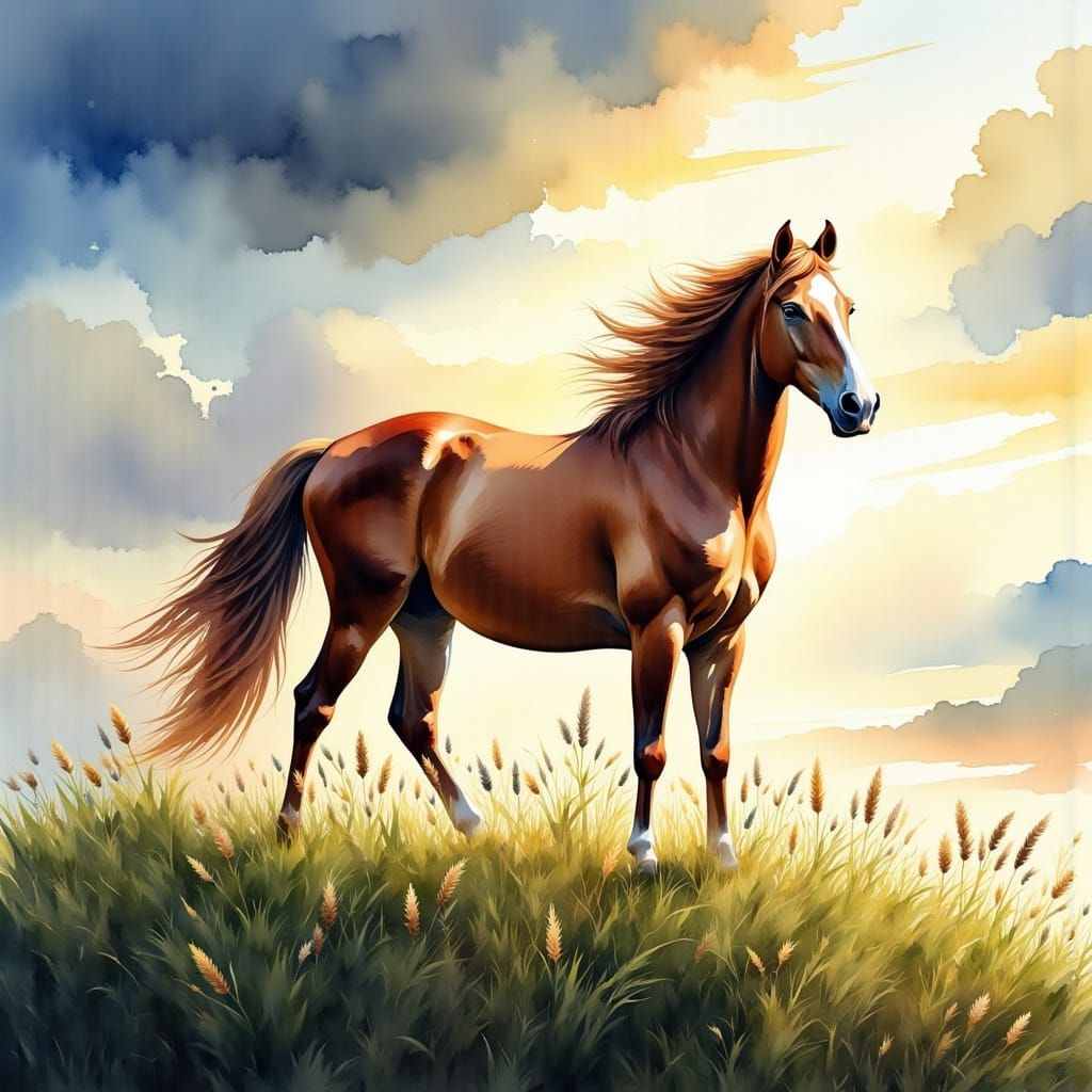 <lora:MOwatercolor Flux:1.0> A majestic stallion standing at the top of a grassy ridge, streaming sunlight