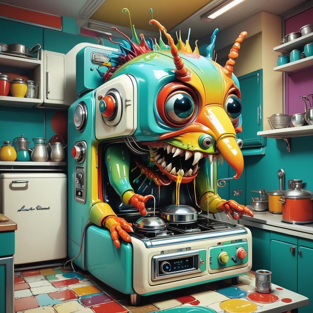 Whimsical vintage sci-fi creature/ retro Technicolor kitchen...