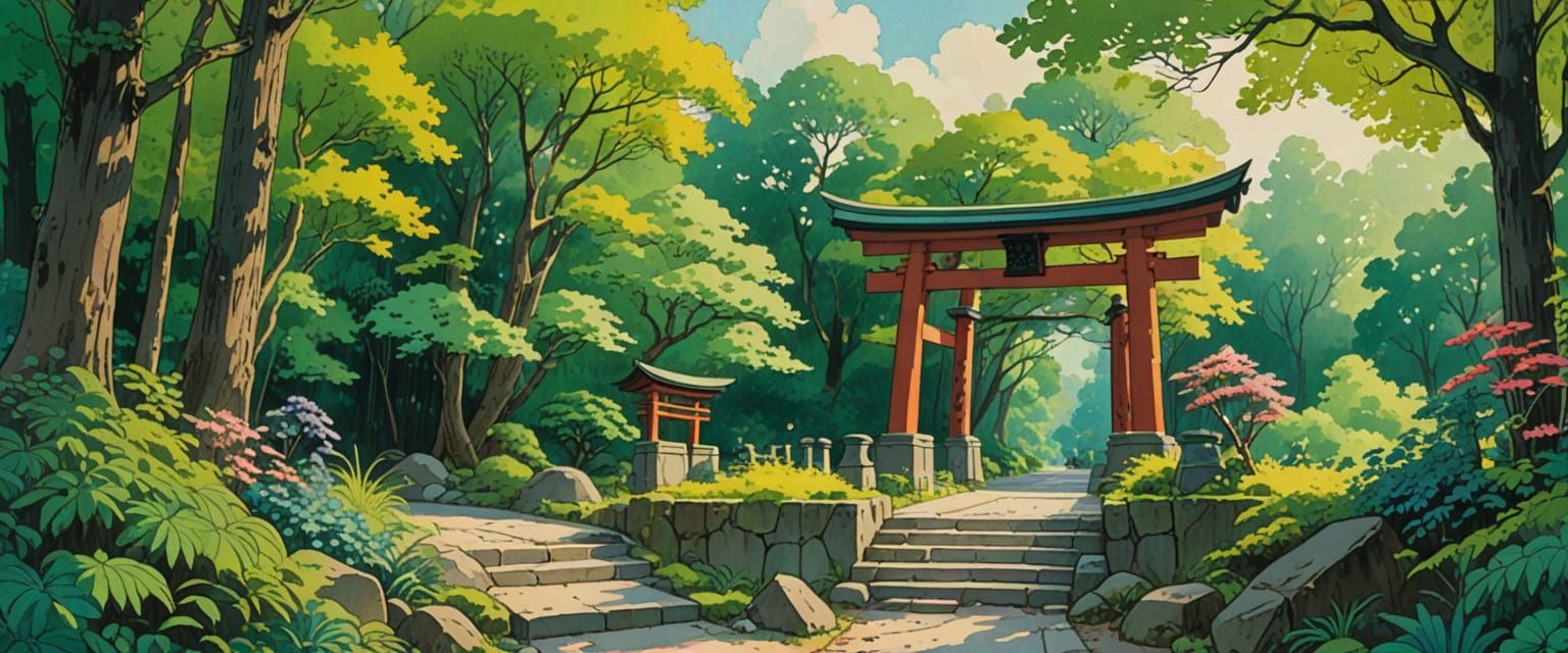 shinto shrine, torii, ghibli, forest, light, bright huge sky, wide open spaces, stone lantern, vines, trees, flowers, watercolor, gouache, c...