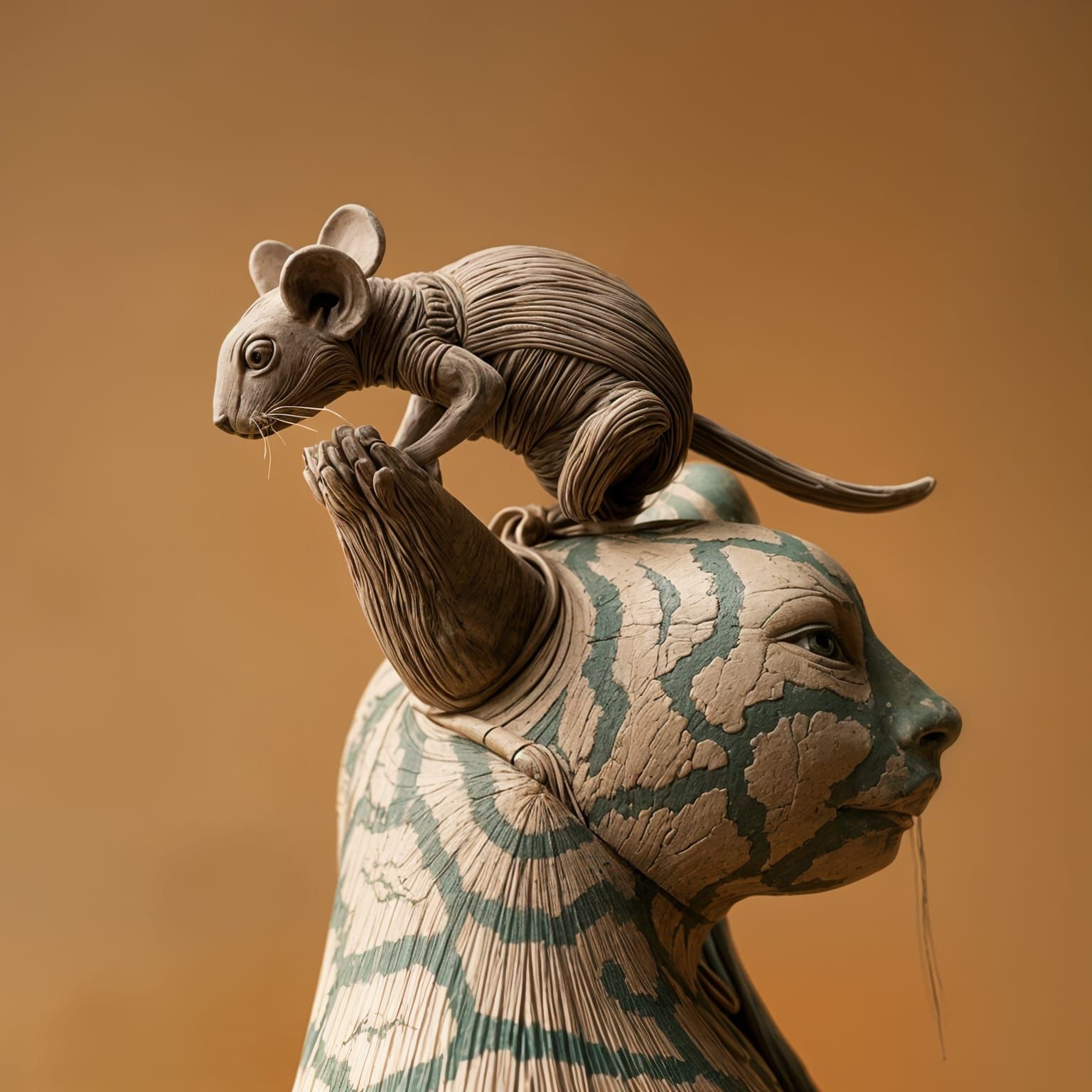 Clay master sculpture of a mice and a cat. 