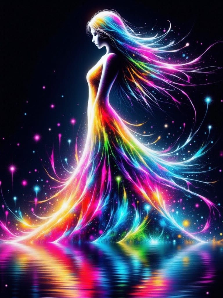 surreal, abstract, female, full body length, bioluminescent line drawing, long hair, long dazzling multicolored flowing, swirling dress, wit...
