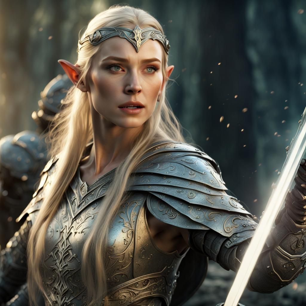 Galadriel lord of the rings in battle armor with sword. Cinematic ...