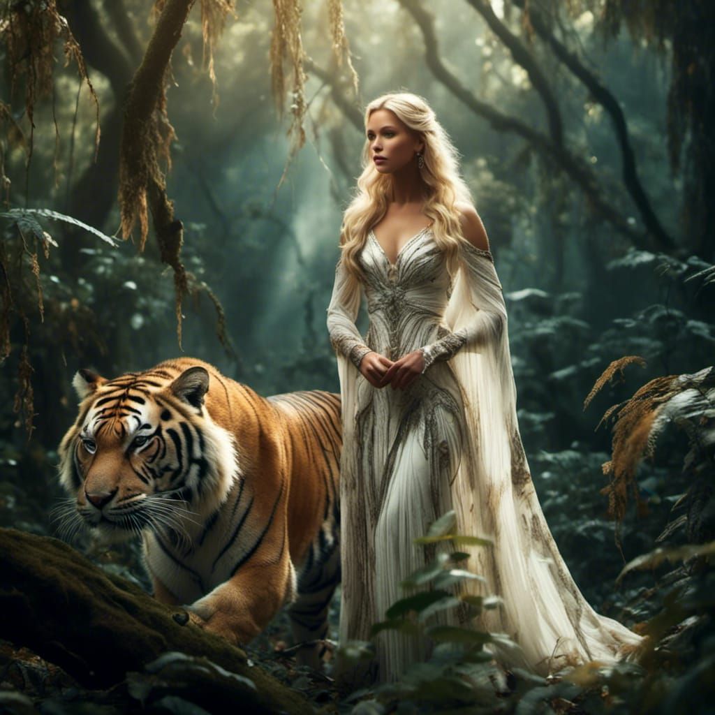 Blond Sorceress and Tiger in Lush Forest