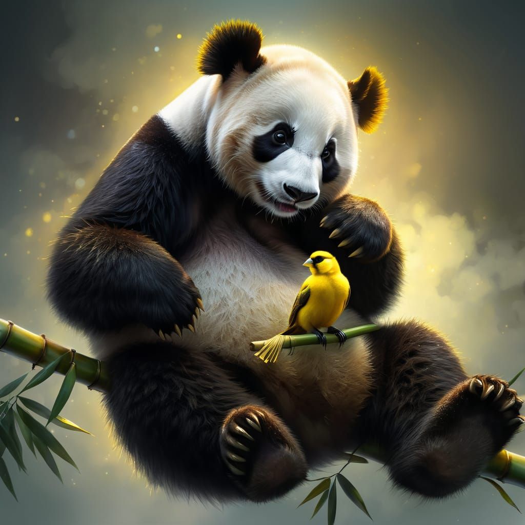 A Giant Panda sitting with a yellow canary