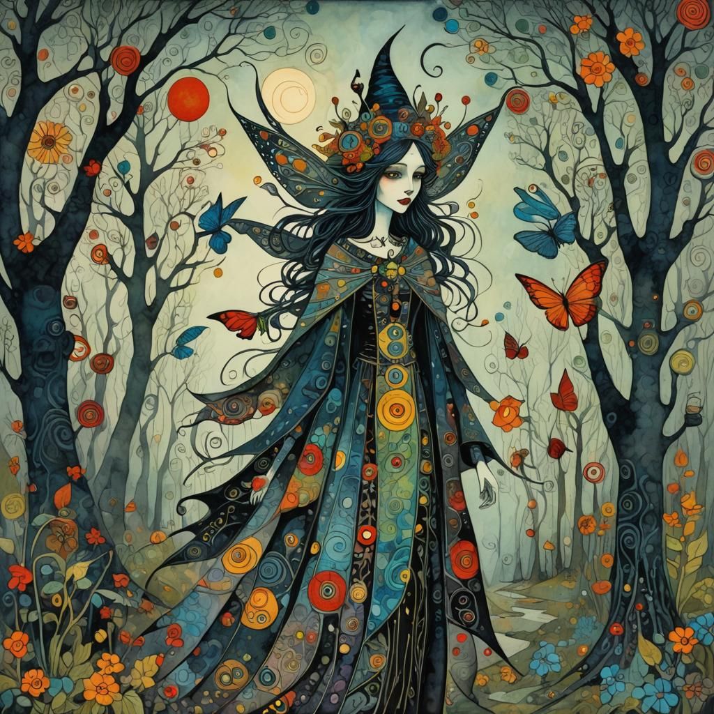 In the style of Friedensreich Hundertwasser, Warwick Goble, Gris Grimly, mythical Goth fairy, grotesque, ...  by @Rethy