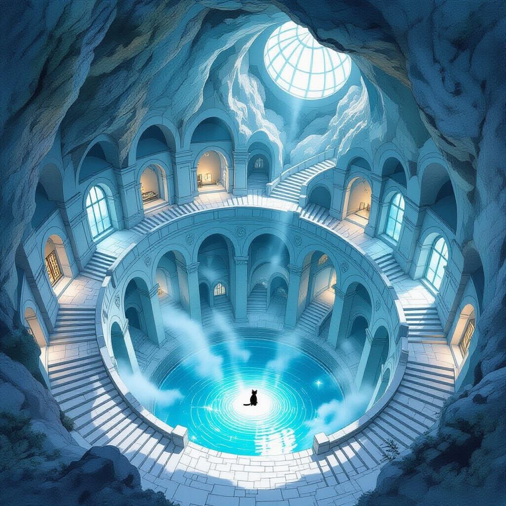 Ultra-detailed fantasy scene in the style of Japanese sumi-e painting, rendered in soft blue tones.
A bird’s-eye view of a vast spiral stair...