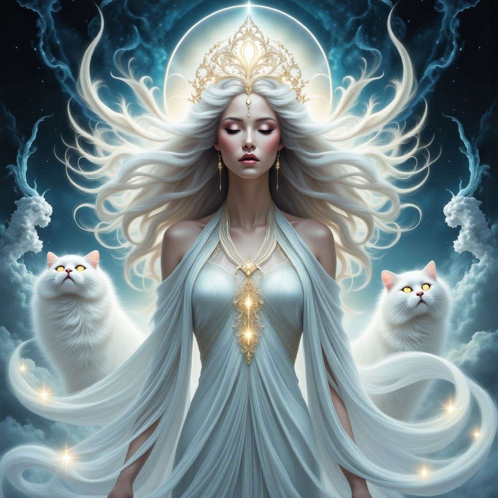<lora:GoddessFlux:1.0> Goddess dressed in flowing white robes, surrounded by white cats, in a serene and mystical atmosphere, reminiscent of...