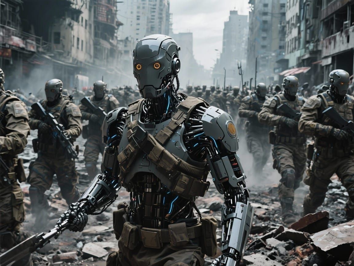 In a blasted, dystopian city, cyborg soldiers march into battle. cinematic realism.