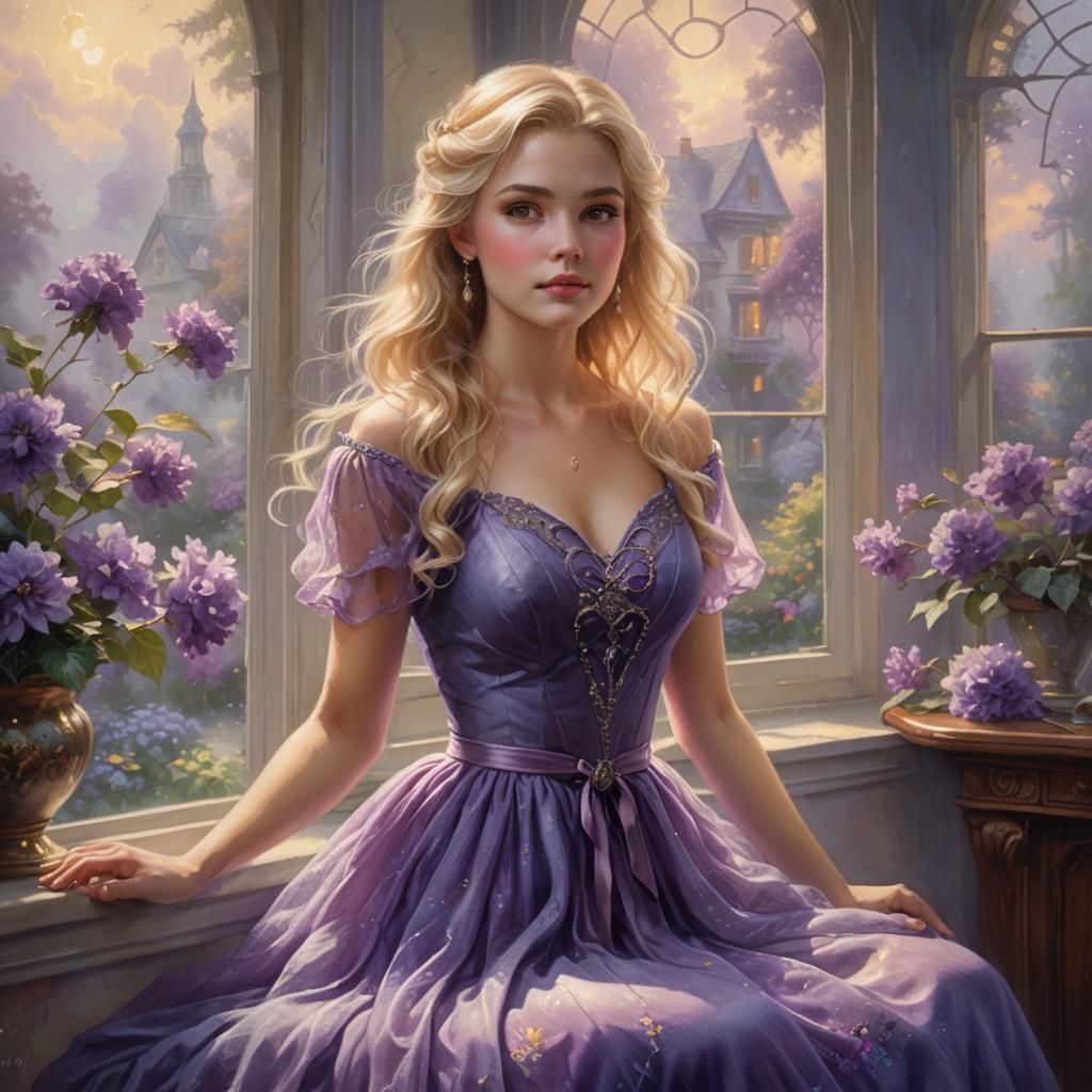 Beautiful young blond girl posing with purple dress ,backgro...
