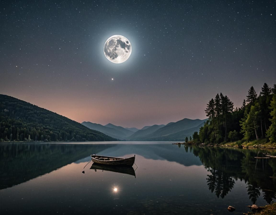 lonely small old boat in crystal lake, a full moon night, amazing landscape
