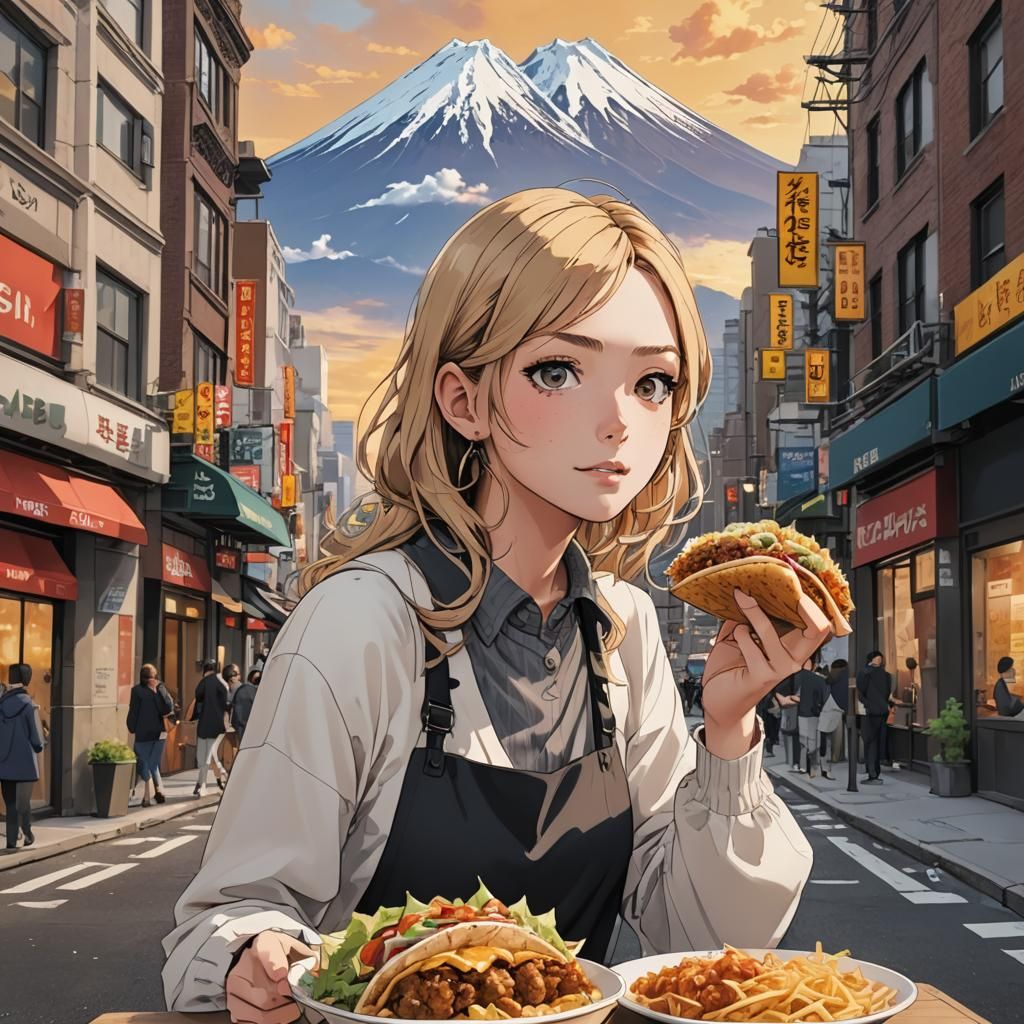 french girl eating tacos with Mont Fuji