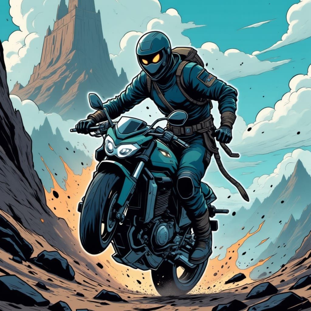 A wizard riding a futuristic motorcycle. <lora:You Were Never Alone:1.0> 
