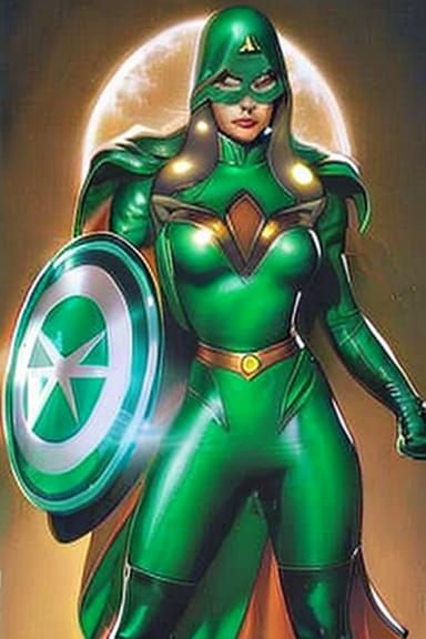 Adventurine superheroine carrying round green shield in green costume