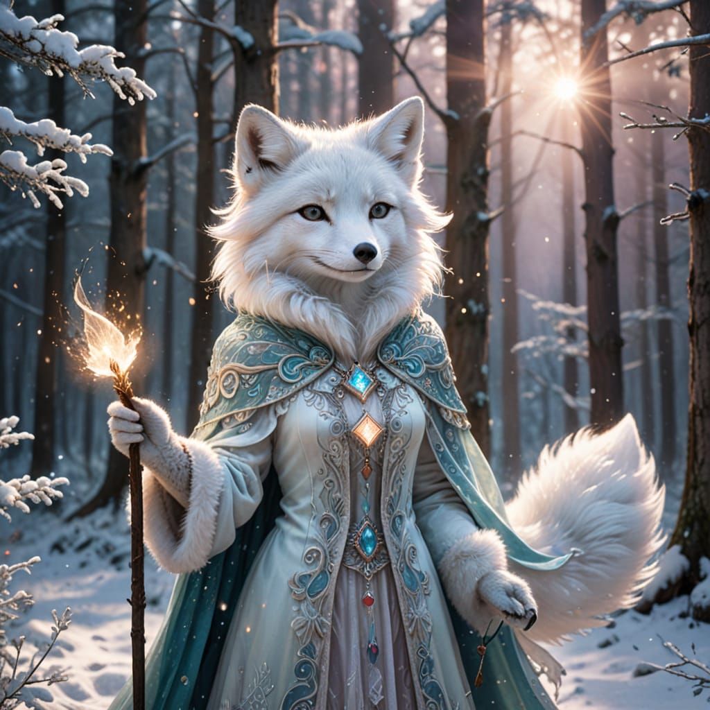 Anthropomorphic arctic fox mage casts a spell