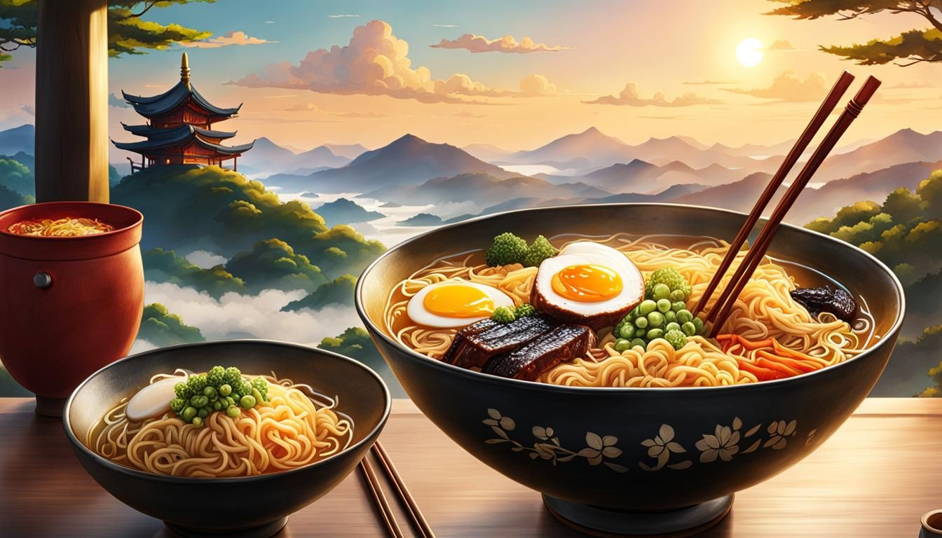 a bawl of warm ramen steaming on the table landscape shot beautiful nature in the background detailed ...  by @undefined